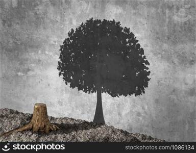 Aspiration concept and ambition idea as a chopped trunk casting a shadow of a tree as an achievement recovery and hope for futur success symbol in a 3D illustration style.