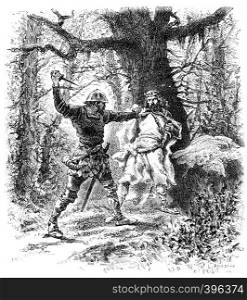 Assassination of Chilperic I in the scales of forest, vintage engraved illustration.