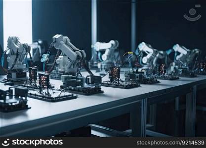 assembly line of robotic arms, each with its own unique toolkit, building complex machine, created with generative ai. assembly line of robotic arms, each with its own unique toolkit, building complex machine