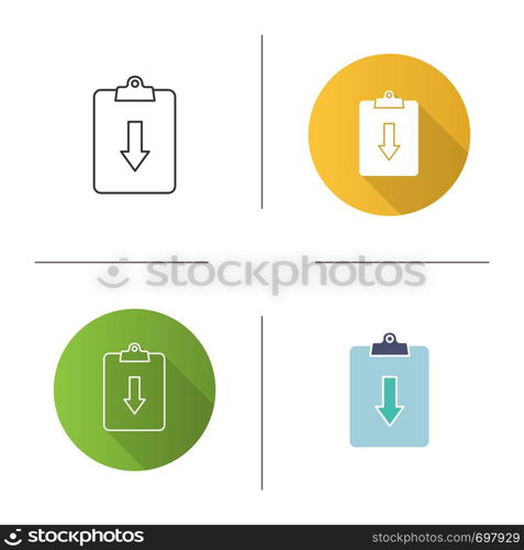 Assignment returned icon. Clipboard with down arrow. Flat design, linear and color styles. Isolated vector illustrations. Assignment returned icon