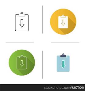 Assignment returned icon. Clipboard with down arrow. Flat design, linear and color styles. Isolated vector illustrations. Assignment returned icon