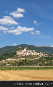 Assisi village in Umbria region, Italy. The town is famous for the most important Italian St. Francis Basilica (Basilica di San Francesco)