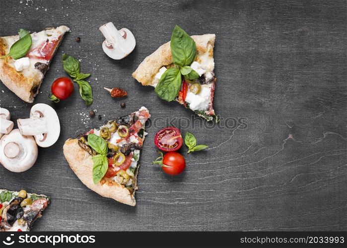 assorment with pizza slices mushrooms