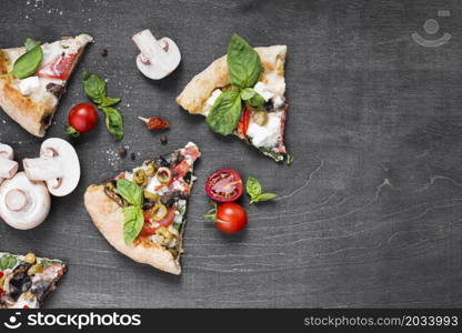assorment with pizza slices mushrooms