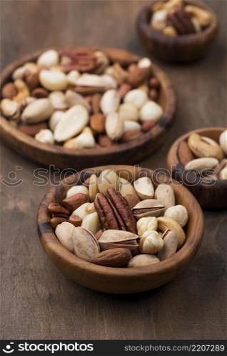 assorted bowls delicious nuts snack high view