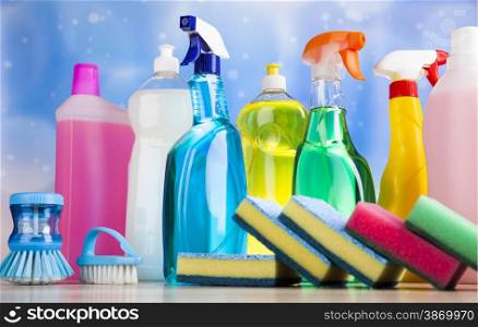 Assorted cleaning products, home work colorful theme