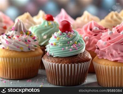 Assorted colorful sweet cupcakes with cream and decorations on table.AI Generative