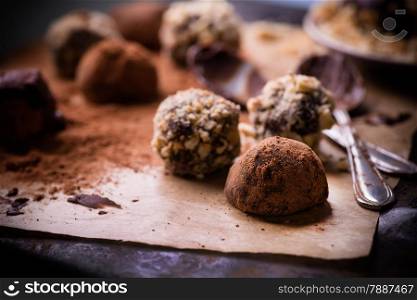 Assorted dark chocolate truffles with cocoa powder, biscuit and chopped hazelnuts over baking paper, selective focus, close up
