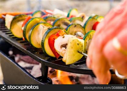 Assorted delicious grilled vegetable skewers on barbecue grill. Barbeque dinner outdoor, summer food.. Grilled vegetables on barbecue grill