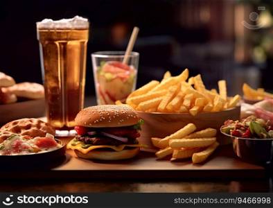 Assorted fast food with soda and beer on table.AI Generative.
