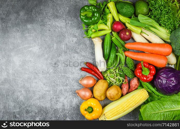 Assorted fresh ripe fruit red yellow purple and green vegetables mixed selection various , top view / vegetables and fruits background healthy food clean eating for sale in the market