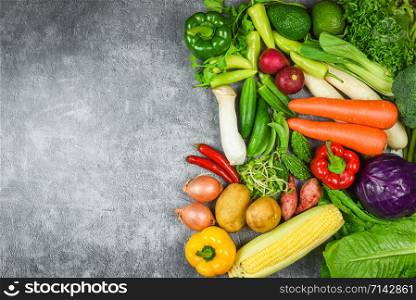 Assorted fresh ripe fruit red yellow purple and green vegetables mixed selection various , top view / vegetables and fruits background healthy food clean eating for sale in the market