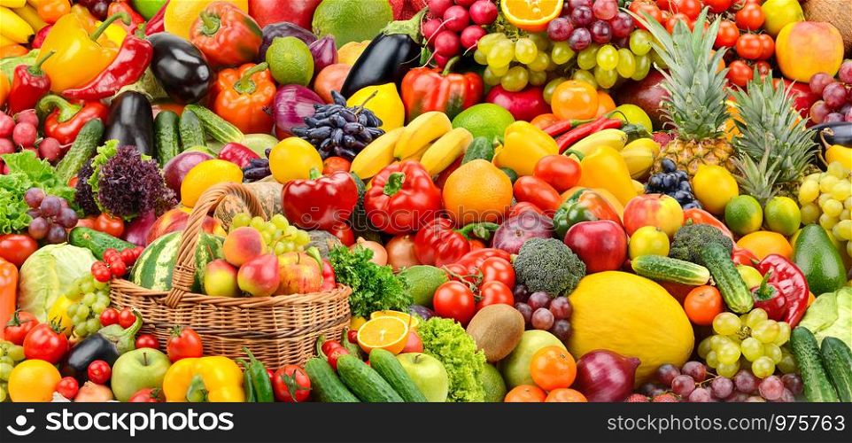 Assorted fresh ripe fruits and vegetables. Food concept background. Top view.