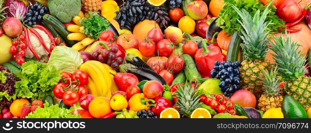Assorted fresh ripe fruits and vegetables. Food concept background. Top view. Copy space.