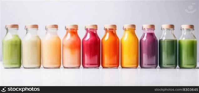 assorted fresh smoothie cocktails , juice in bottles generative ai.