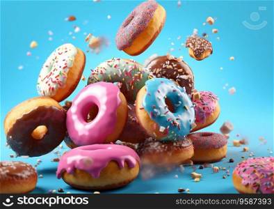 Assorted fresh tasty donuts with glaze and sprinkles and blue background.AI Generative
