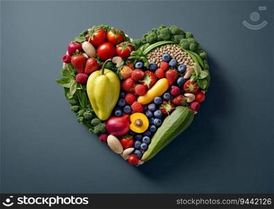 Assorted fruits and vegetables in heart shape.Healthy lifestyle concept.Top view.AI Generative