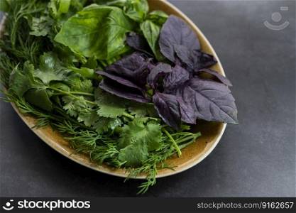 assorted greens dill leaves spinach parsley cilantro on a plate