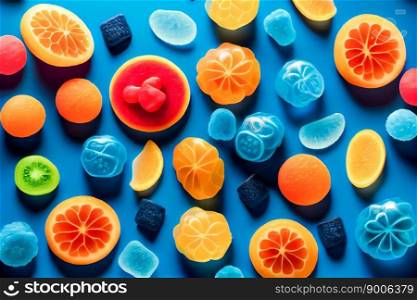 assorted jelly gum fruit candy on blue background top view. Generative AI
