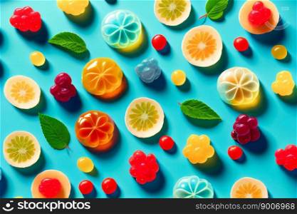 assorted jelly gum fruit candy on blue background top view. Generative AI 