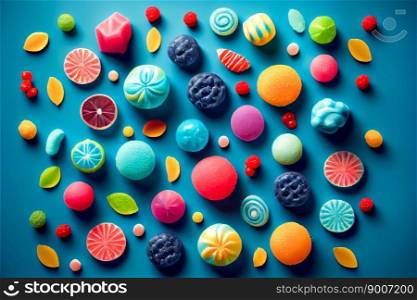 assorted jelly gum fruit candy on blue background top view. Generative AI

