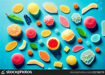 assorted jelly gum fruit candy on blue background top view. Generative AI 
