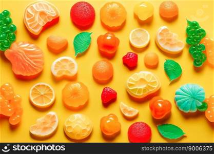 assorted jelly gum fruit candy on yellow background top view. Generative AI
