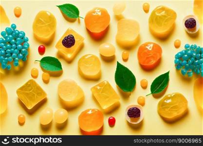 assorted jelly gum fruit candy on yellow background top view. Generative AI 