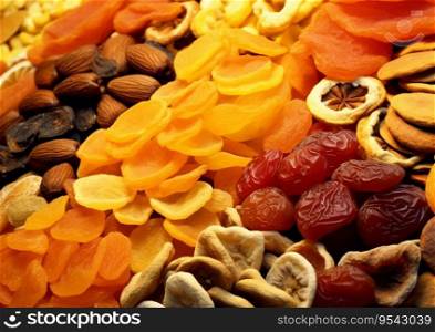 Assorted mix of sweet dried fruit close up in street market.AI Generative