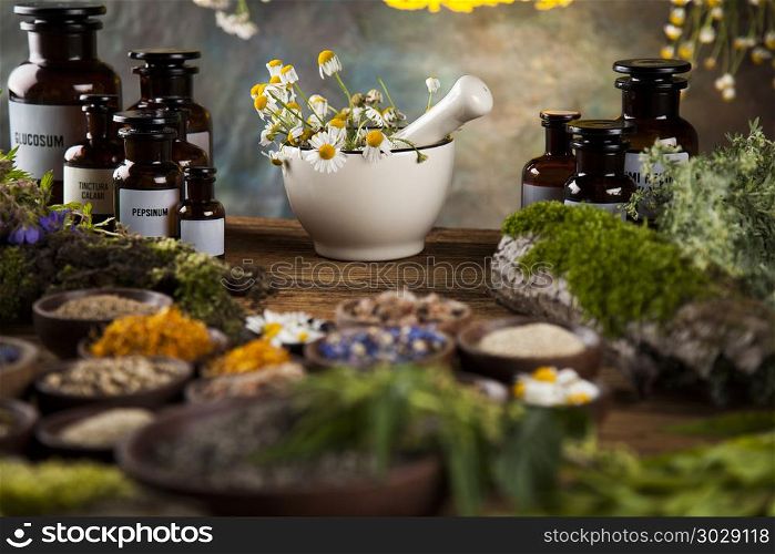Assorted natural medical herbs and mortar on wooden table backgr. Herbs, berries and flowers with mortar, on wooden table background