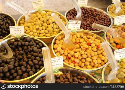 Assorted olives at a Provencal market in France
