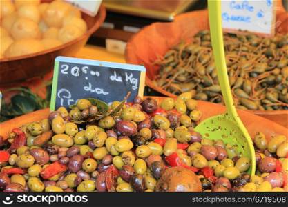 Assorted olives on a Provencal market in France