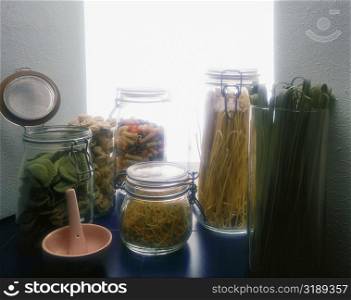 Assorted pasta in glass jars