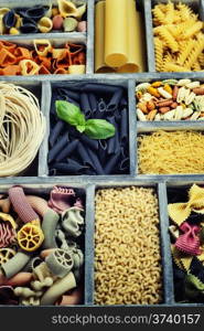 Assorted pastas in wooden box