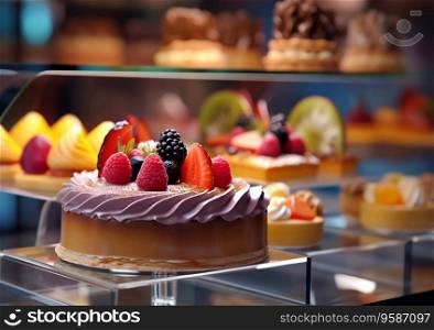 Assorted pastries,cakes,desserts in candy shop showcase.AI generative