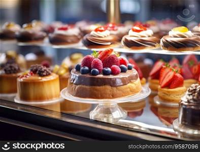 Assorted pastries,cakes,desserts in candy shop showcase.AI≥≠rative