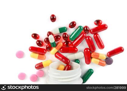 Assorted pharmaceutical medicine pills, tablets and capsules isolated on white background. Flat lay, top view.