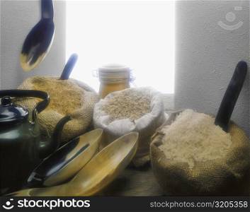 Assorted rice grain in sacks