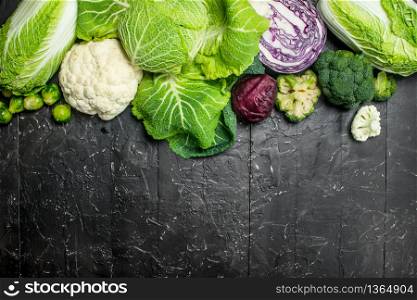 Assorted ripe cabbage. On rustic background. Assorted ripe cabbage.