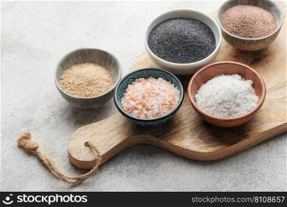 Assorted speciality salt, himalayan pink salt, italian black truffle salt, india black  kala namak salt,  hawaiian  black lava sea salt, hickory  smoked  sea salt
