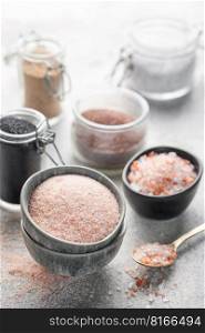 Assorted speciality salt, himalayan pink salt, italian black truffle salt, india black  kala namak salt,  hawaiian  black lava sea salt, hickory  smoked  sea salt 