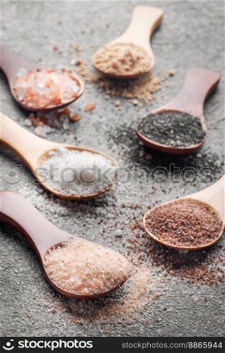 Assorted speciality salt, himalayan pink salt, italian black truffle salt, india black  kala namak salt,  hawaiian  black lava sea salt, hickory  smoked  sea salt 