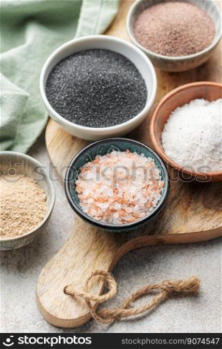 Assorted speciality salt, himalayan pink salt, italian black truffle salt, india black  kala namak salt,  hawaiian  black lava sea salt, hickory  smoked  sea salt
