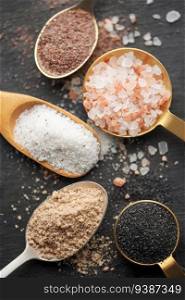 Assorted speciality salt, himalayan pink salt, italian black truffle salt, india black  kala namak salt,  hawaiian  black lava sea salt, hickory  smoked  sea salt