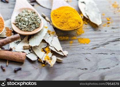 Assorted spices laid out in spoons on a wooden table