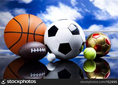 Assorted sports equipment, vivid colorful theme