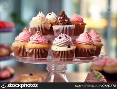 Assorted sweet cupcakes pastry on dessert stand in cakes shop.AI Generative