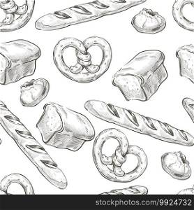 Assortment of baked products, loaf of bread, french baguette, buns and pretzels seamless pattern. Monochrome sketch outline of bakery shop or restaurant menu. Crispy snacks, vector in flat style. Bakery shop assortment, pretzels and bread seamless pattern