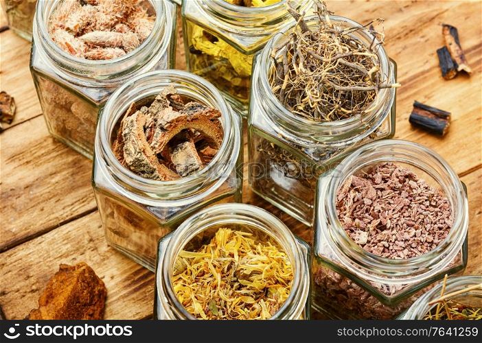 Assortment of dried medicinal herbs,roots and bark.Ingredients of herbal alternative medicine. Natural medicine,herbs and root