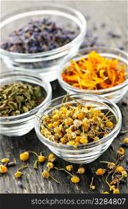 Assortment of dry medicinal herbs in glass bowls